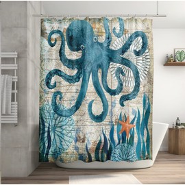 BIVINAR Extra Long Octopus Shower Curtain 72 x 84 Inch, Ocean Themed for Bathroom Decor, Nautical Fabric With 12 Hooks
