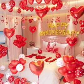 Birthday Decorations Red And Gold Birthday Party Decorations With red Rose Petals Happy Birthday gold Heart Shape Balloons And Love Balloons Suitable Perfect for couples' birthdays or anniversaries