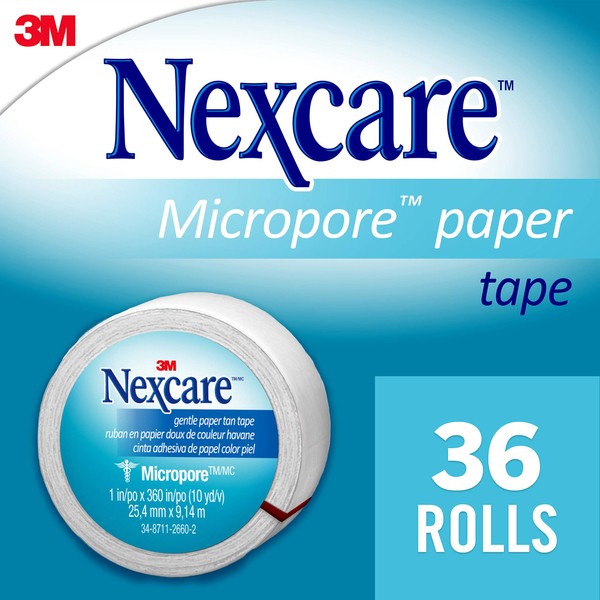 Nexcare Micropore Gentle Paper First Aid Tape, Tears Easily, for Frequent Gauze Changes, 36 Rolls