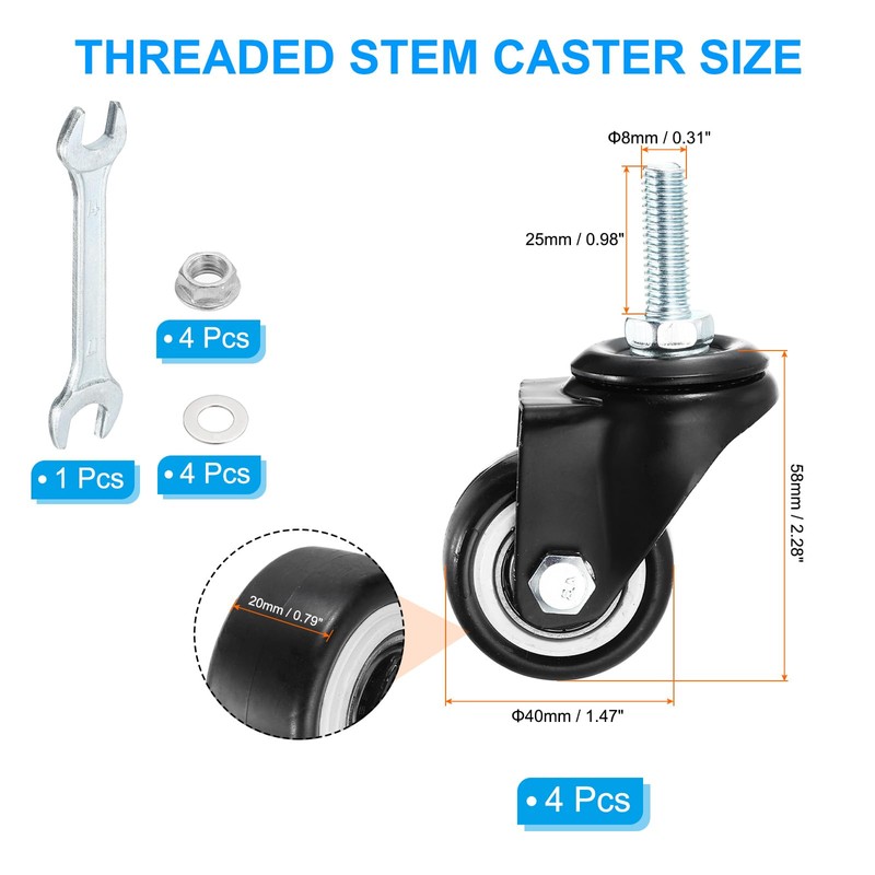 PATIKIL 1.5 Inch Threaded Swivel Wheels, 360 Degree Rotation PU
