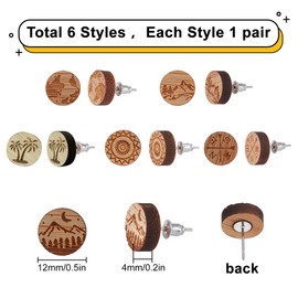 SUNNYCLUE 6 Pairs 12 mm Stud Earrings Set Wooden Wooden Earrings Wooden Stud Earrings Flat Round Natural Wood Charms Bulk Flowers Compass Heart for Jewellery Making Kit Women's Jewellery Accessories