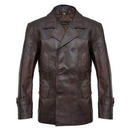 HIGOBO Men's Brown Leather Pea Coat Double Breasted Men Peacoat Jacket (Brown, Medium)