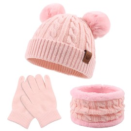 Zsedrut Kids Winter Beanie Hat Scarf Gloves Set Knit Warm Toddler Winter Cap Gloves Neck Warmer for Boys Girls 1-8 Year(Light Pink)