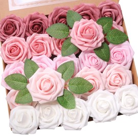 Jdsour 25pcs Artificial Flower，Real Looking Foam Roses w/Stem for DIY Wedding Bouquets Centerpieces Bridal Shower Party Decor-Shades of Dusty Pink