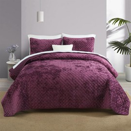 Liians Velvet Bedspread Quilt Bedding Sets,Luxury Elegant Ultra Soft Velvet Comforters Coverlet Blankets,Weave Stitching Pattern Quilted Bedspread for All Seasons,Purple,Queen Size
