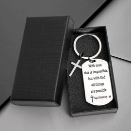 GiftYou Inspirational Scripture Metal Key Chains with Cross Pendant - Bible Verse Keychain Religious Gift for Christian, Matthew 19:26, Standard