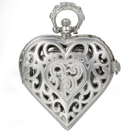 JewelryWe Silver Tone Heart Shape Pocket Watch Quartz Hollow Pendant Necklace 34 Inches Chain