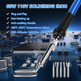 Soldering Iron Kit, 60W 110V Adjustable Temperature Soldering Welding Iron Kit with 5pcs ​Iron Tips, Y Type Stand, for Metal, Jewelry, Electric Repairing, DIY