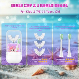Geacker Kids Electric Toothbrush, U Shaped Toothbrush Kids Sonic Automatic Brush with Cup 5 Brush Head 6 Sonic Clean Modes IPX7 Waterproof Mermaid Design Rechargeable Smart Timer for Children 2-7