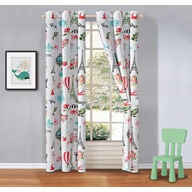Kids Zone Home - Juego de cortinas de lino de 2 paneles con ojales para niños, niñas, adolescentes, recámara, juego multicolor de lámpara de araña de la torre Eiffel de París, rosas, flores, globo