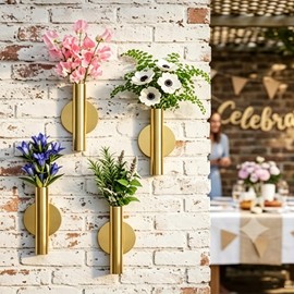 4pcs Gold Wall Decor Vase Set, Small Plant Holder Metal Tubes, Modern Hanging Vases for Flowers, Elegant Flower Accent Art Display for Bedroom Living Room Home, Adornos & Decoracion de Pared(Golden)