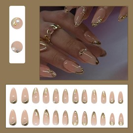 24 Pcs Spring Press on Nails Short Almond,LINMEIZAI Gilded French Fake Nails Press ons Nail Tips Kit Glue on Nails Full Cover Acrylic False Nails with 3D Pearl Nail Charms Nail Art Design Women