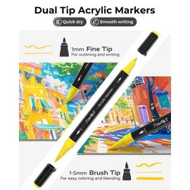 JusArt 60 Colors Dual Tip Acrylic Paint Pens Markers, Brush and Fine Tip, Premium Paint Pens for Wood, Canvas, Egg, Stone, Fabric, Rocks, Metal, Glass, Ceramic, DIY Crafts Making Art Supplies Gifts