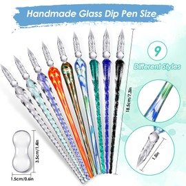 Outus 9 Pieces Glass Dip Pen Handmade Glass Signature High Borosilicate Crystal Vintage Dip Pen with 9 Pieces Penholder for Writing Drawing Calligraphy(Fashion Style,Mixed Color)