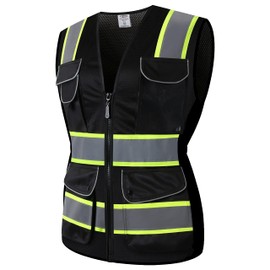 JKSafety 9 Pockets Women Hi-Vis Reflective Safety Vest | Mesh Black | Reflective Strips with Yellow Extended Trims | ANSI Compliant (168-Black, XL)