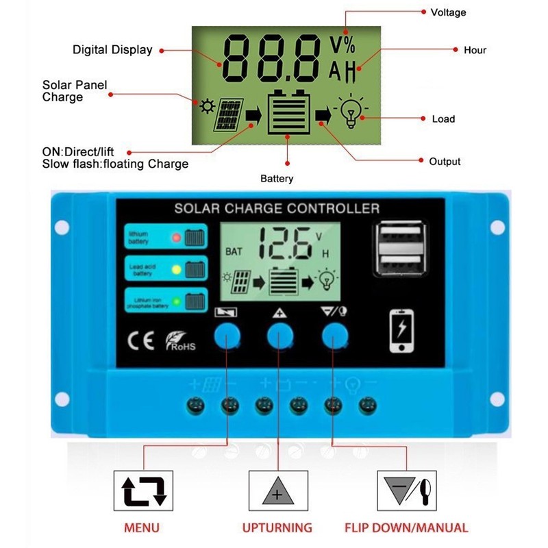 12V 24V Solar Panel Controller LCD Display Photovoltaic Charge Controller