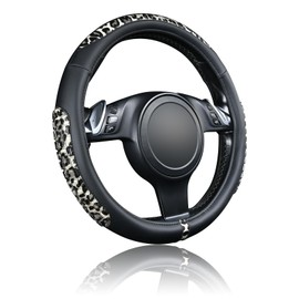 Flying Banner car Steering Wheel Cover Gel Massage Velvet Cool Warm Universal Size 15 inches SUV Truck Anti Slip Odorless Summer Winter (Black Gray Leopard Print, Gel Massage)