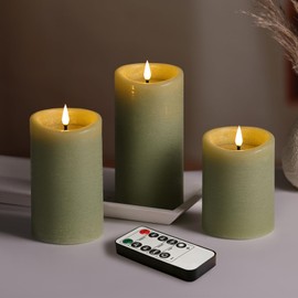 Sage Green Moving Flame LED Pillar Candles with Remote Set of 3