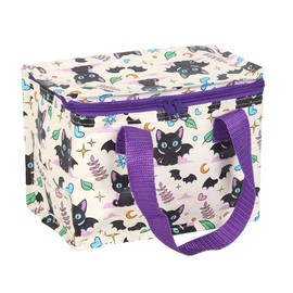 Something Different Wholesale Cute and Creepy Cat Print Lunch Bag – Insulated, Eco-Friendly, Black Cat Design with Purple Handles, Keeps Meals Fresh, Easy to Clean for Work, School, or Picnics