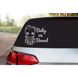 Baby Groot Baby On Board Vinyl Sticker Decals (Pack of 2) for Car Bumper Window Laptop Tablet Phone (6" x 5", Silver)