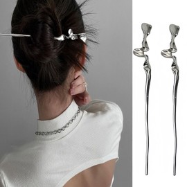 2Pcs Silver Spiral Snake Metal Minimalism Irregular Chinese Hair Chopsticks Hairpin, Punk Metal Hair Chopsticks Chinese Hairpin Hair Accessories for Women Girls.