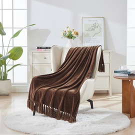 CozeCube Chenille Throw Blanket for Couch, Cozy Plush Fuzzy Decorative Dark Brown Blanket with Fringe Tassels, Lightweight Throws for Bed Sofa Gift Home Decor, 50"X60"