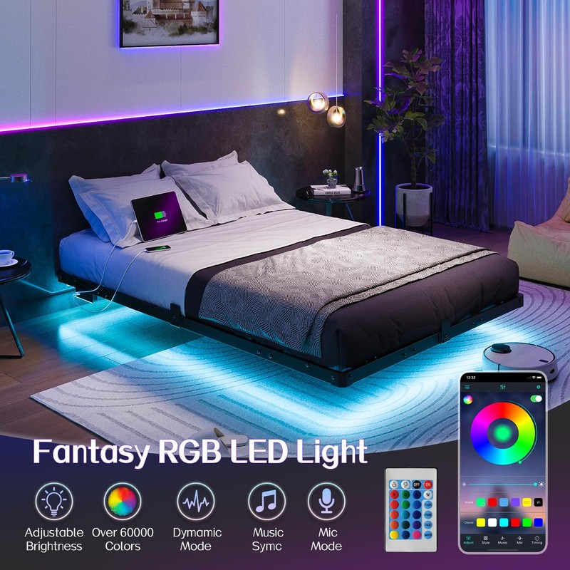 Liians Full Size Modern Floating Bed Frame with Smart LED