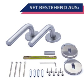 APECS Door Handles Door Handle Set Room Doors Inox Door Handle for Front Door and Interior Doors Door Fitting Round Rosette Set Stainless Steel Matt Handle Set L-Model H-0201+BB Silver