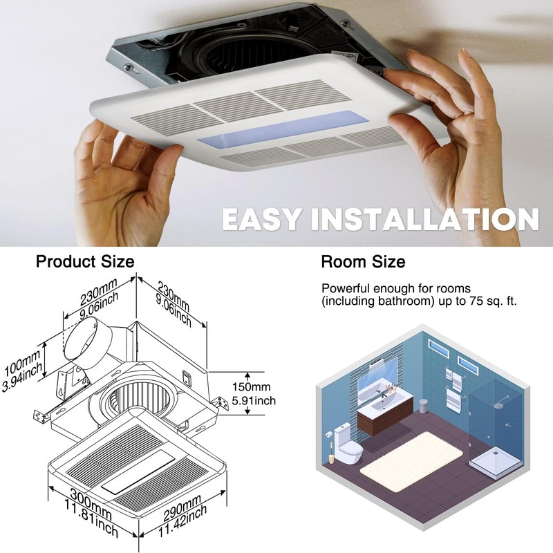 NookNova Bathroom Exhaust Fan with Light, Quiet Ventilation Fan, 100