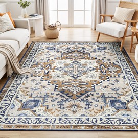 5x7 Area Rug for Living Room, Machine Washable Area Rugs with Non-Slip Backing, Large Soft Thick Boho Vintage Rug for Bedroom, Dining Room, Low Pile Farmhouse Carpet, Kids Pet Friendly, Olive Brown