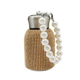 Ceramoon Bling Insulated Water Bottle Double Wall Stainless Steel Vacuum Flask with Glitter Rhinestones Diamond 10 oz Keep Cold Water Bottle with Pearls Bracelet Handle (Gold Diamond)