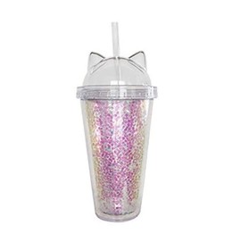 Water Tumbler with Straw Lid Plastic Cup with Straw Sequin Double Layer Water Bottle Cute Cat Ear Glitter Cup for Girls