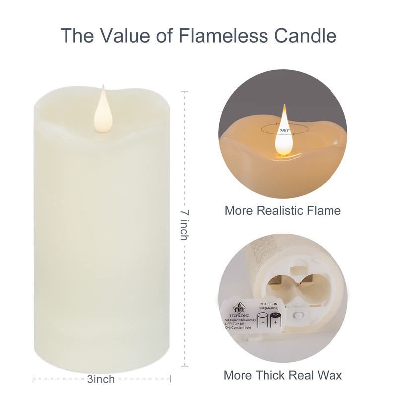 TECHLONG Flameless Candles with Remote Timer, 3D Moving Flickering Flame
