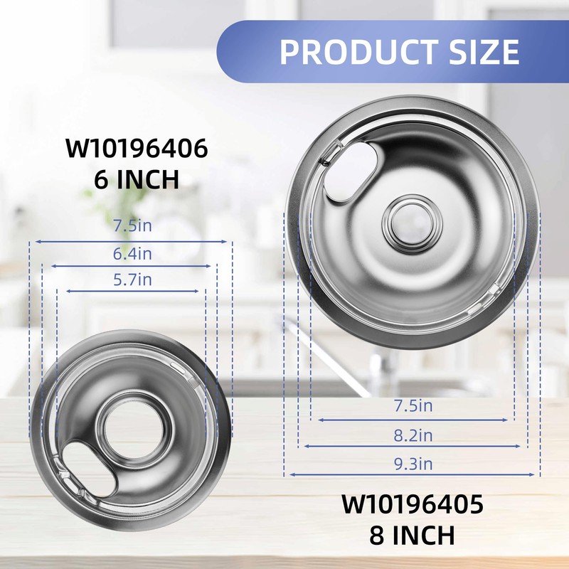W10196406 and W10196405 Chrome Stove Burner Drip Pan Set for