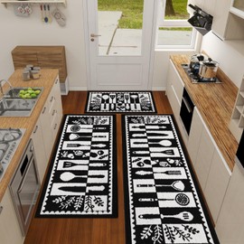 Kitchen Rugs Set of 3, Unique Black & White Utensil & Vegetable Kitchen Mats for Floor Nylon TPR Non-Slip Washable Sink Standing Mats Absorbent Resist Dirt Kitchen Runner Rug (20"x59"+20"x47"+20"x32")