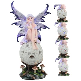 Ebros Beautiful Goddess Amethyst Fairy Sitting On LED Filigree Orb Ball Statue Lavender Fairy Night Light Multi Color LED Collector Sculpture