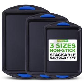 NutriChef 3-Piece Nonstick Cookie Sheet Tray Set - Baking Pans with Blue Silicone Handles, Stackable Design, Easy to Clean, Small, Medium, Large Carbon Steel Cookie Pans, Oven Safe to 446°F