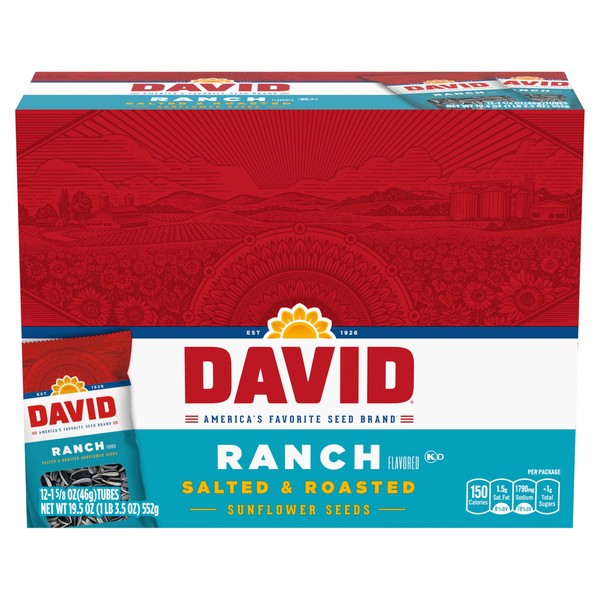 DAVID Roasted and Salted Sunflower Seeds, Ranch Flavor, 1.625oz. (Pack