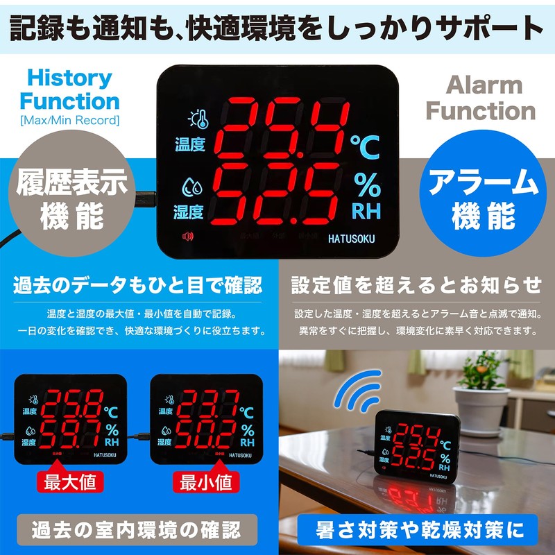 HATUSOKU ON04 LED Thermo-Hygrometer, Digital, Commercial Use, Home Use, Easy
