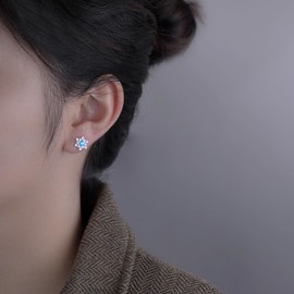SLUYNZ Solid 925 Sterling Silver Sparkling Blue Crystal Snowflake Earrings Stud for Women Teens Pretty Snowflake Stud Earrings Christmas Earrings