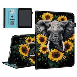 BFUKVOU Case for 7" All-New Kindle Paperwhite 12th Gen 2024 & Kindle Colorsoft Signature Edition (2024 Release),Card Slot PU Leather TPU Case Pen Holder Auto Wake Sleep,Sunflower Elephant
