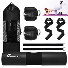 NEALFIT Barbell Pad Set with Lifting Straps & Ankle Straps - Squat Pad for Hip Thrusts, Lunges, Weightlifting - Heavy Duty Strength Training Equipment for Powerlifting, Home Gym (Black)