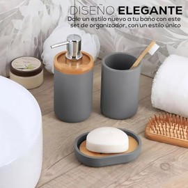 Accesorios para Baño Juego de 4 Accesorios De Baño, Dispensador de Jabón, Porta Cepillos y Vaso, Diseño Elegante y Funcional (Gris)