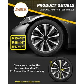 ABX Hubcaps,16 inch hubcaps Set of 4, Wheel Rim Cover ABS Material, Snap On Car Truck SUV Replacement, for Toyota Camry Nissan Mazda etc, Black & Silver