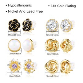 ASH'S CHOICE 6 Pairs Clip on Earrings for Women, Plated Rose Pearl Twist Knot Clip On Earrings, CZ Rhinestone Flowers Clip Earrings with Rubber Pads, Hypoallergenic Non Pierced Clip Earrings