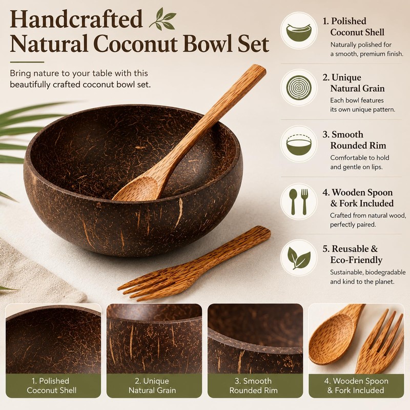 HANXIANG 3PCS Coconut Bowl and Wooden Spoon Set
