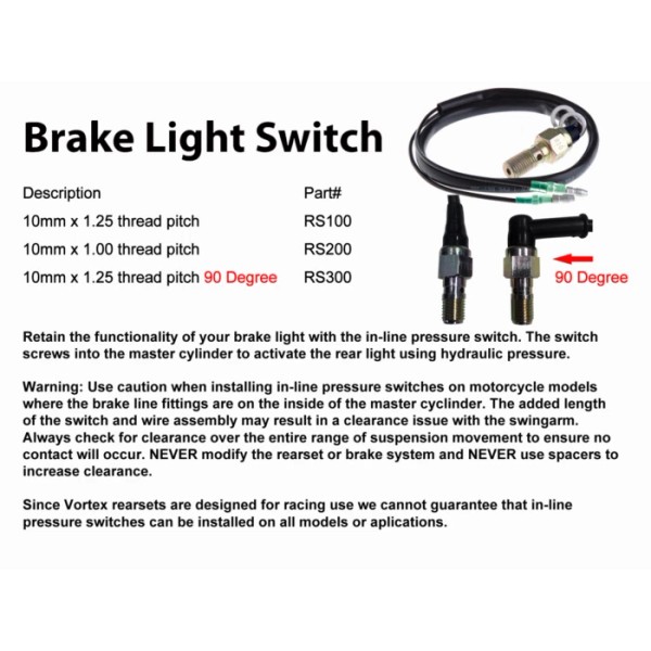 VORTEX BRAKE LIGHT PRESSURE SWITCH - M10 x 1.25 YAMAHA