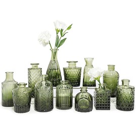 SUPMIND 12pcs Glass Bud Vase Set, Small Green Flower Vases for Centerpieces in Bulk, Mini Vintage Vase for Wedding, Home,Table Decoration