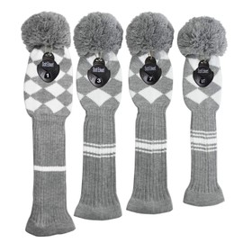 Knit Woods Golf Head Covers, Set of 4, Grey White Argyles, Fit Driver (460CC) Fairways Hybrid/UT. Soft and Elastic, Essential for Golf Fans, Protect Golf Club and Shaft.