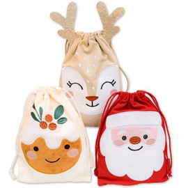 Papierdrachen 3 Gift Bags "Christmas Helper Reindeer, Santa, Gingerbread" - Red Beige Brown - for Filling and Giving - Christmas - Reusable Gift Bags - Set 01